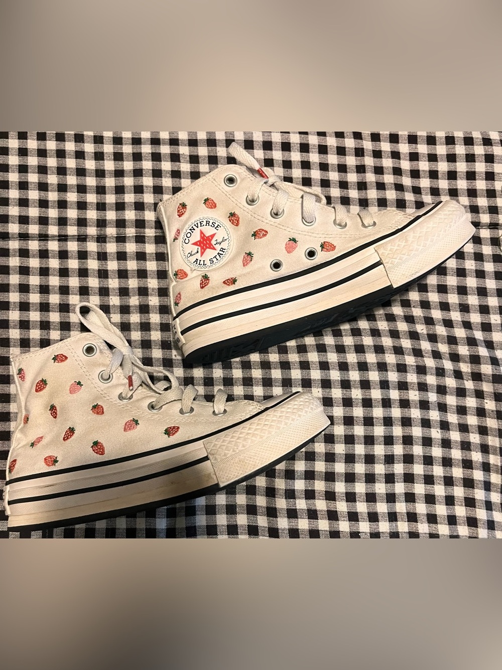 Converse White High Top Sneakers with Red Strawberry Print
